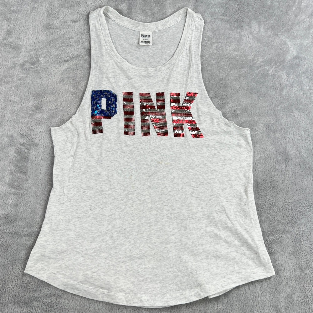 Pink Victoria's Secret Sequin Logo Tank M Gray Women Americana Muscle Top